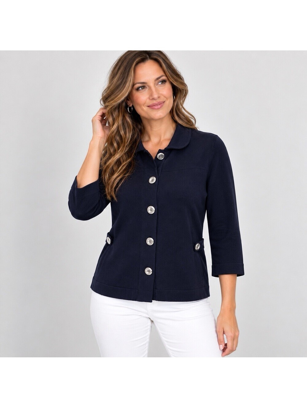 Liz Claiborne Navy Blue Cotton Knit Lady Jacket M Silver Button Nautical Preppy